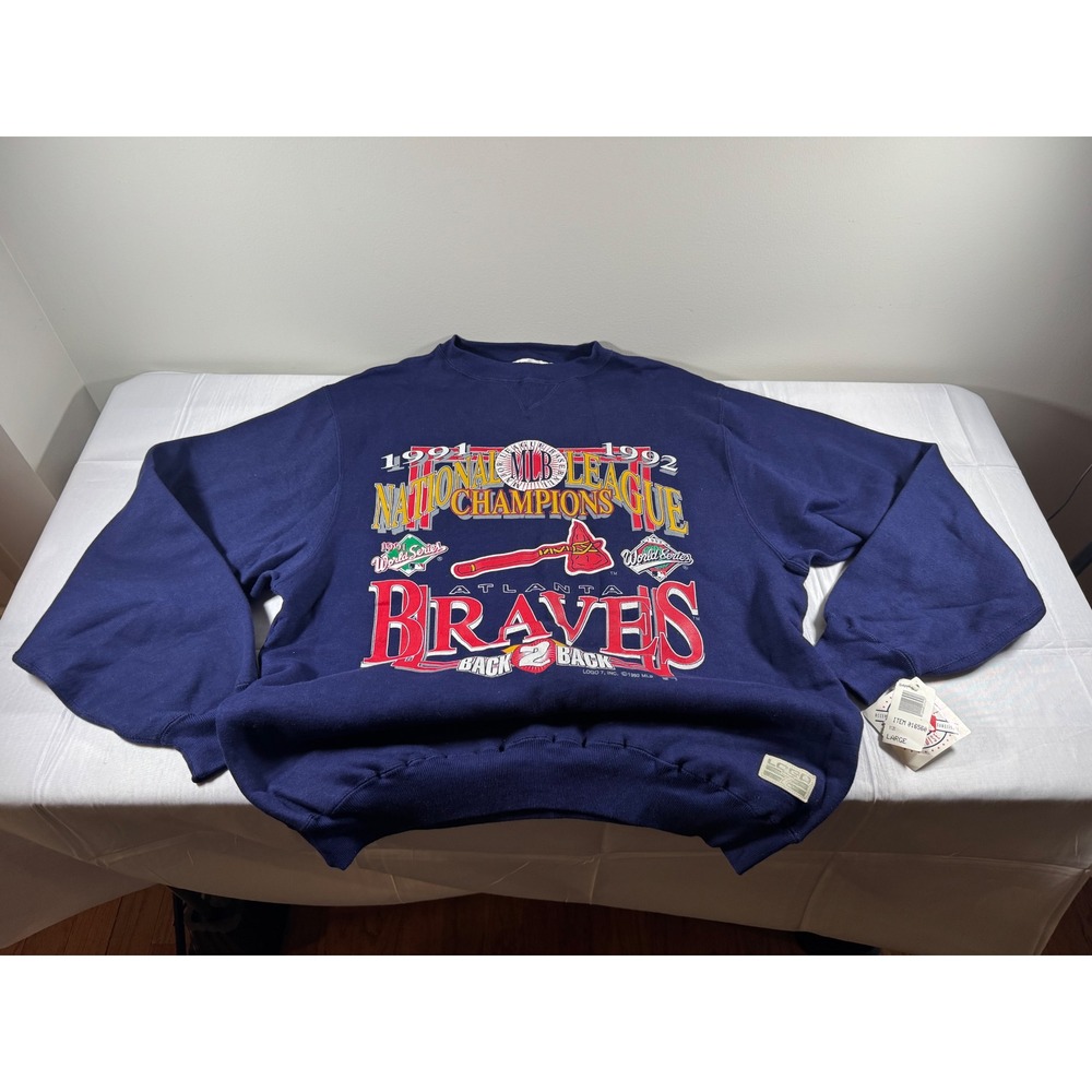 NWT Vintage Logo 7 Atlanta Braves 1991 1992 NL Champions Sweatshirt Navy Mens L